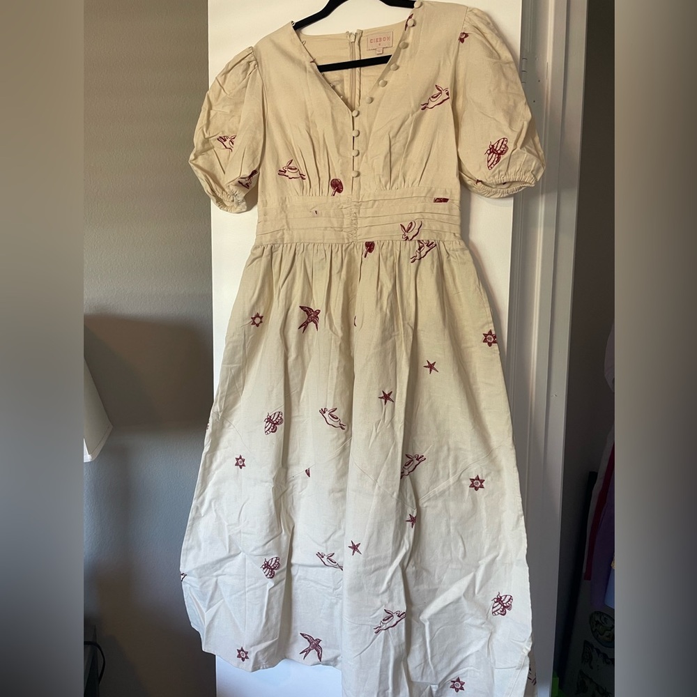Ciebon Beige with Red Embroidery Maxi Dress with Puff Sleeves